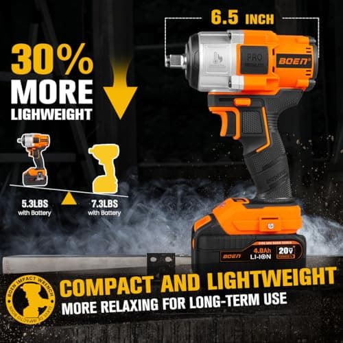 boen Cordless Impact Wrench 1/2 inch, 600FT-LBS(800N.m), Brushless Electric Impact Wrench, 2200RPM High Torque Impact Gun for Car Home, Includes 4.0Ah Battery×1, Charger, IW-75 - Thumbnail 2