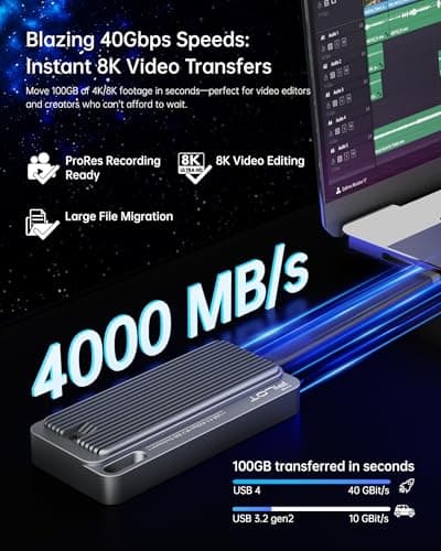 AMZPILOT 40Gbps USB4 NVMe Enclosure with Triple-Cooling System, Aluminum M.2 SSD Case Featuring Blower Fan & Fins, Compatible with Thunderbolt 4/3, Reader for Video Editing & Gaming, Supports 8TB - Thumbnail 2