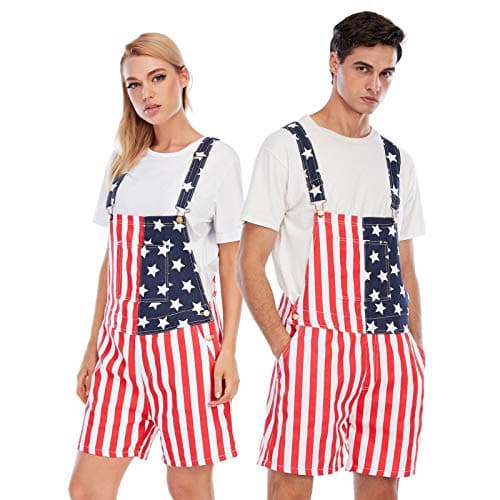 Jumpfolia Unisex Patriotic American Flag Print Denim Bib Overall Shorts Jeans - Mens & Womens One Piece Jumpsuit (F04-L - Image 1