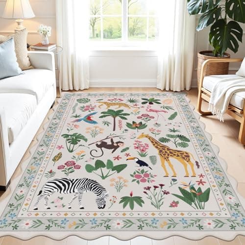 U'Artlines Jungle Animal Print Area Rug 5x7 ft, Machine Washable Non Slip Floor Carpet, Low Pile Soft Wild Safari Rugs for Kids Room, Nursery, Playroom (Beige) - Image 1