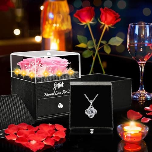 Gnifot 2 Preserved Rose Gift for Women - Eternal Rose with I Love You Necklace - Romantic Birthday Gifts for Girlfriend Mom Her Wife Grandma on Valentines Mothers Day Anniversary Christmas-Pink - Thumbnail 2