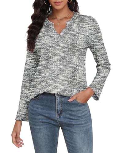 COCOMARTS Womens Waffle Knit V Neck Tops Long Sleeve Henley Shirts Casual Blouses Fall Winter Outfits 2025 Trendy Clothes White Black X-Large - Image 1