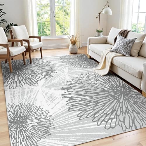 WITSHOCK 5x7 Washable Rug for Living Room,Modern Floral Distress Print Pattern Area Rugs,Stain Resistant with Non Slip Backing Carpet for Dining Room,Bedroom & Home Decor,Grey White - Image 1