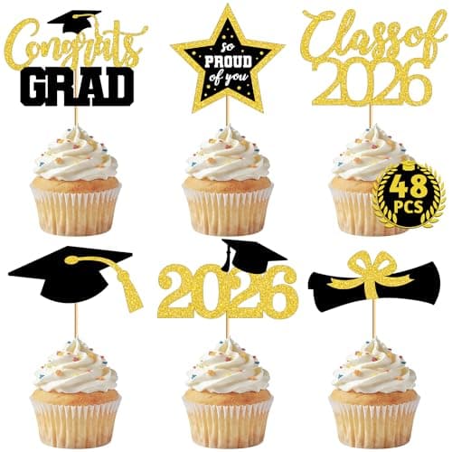 48 PCS Graduation Cupcake Toppers, 6 Styles Congrats Grad Cake Topper, Black and Gold Graduation Decorations 2026, Glittery Cap and Diploma Cake Picks for Grad Party Decor Supplies