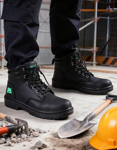 SKPRO Steel Toe Work Boots for Men, Lightweight Non Slip Boots, Safety Toe Construction Leather Water-Resistant Shoes (Black, 9) - Thumbnail 2