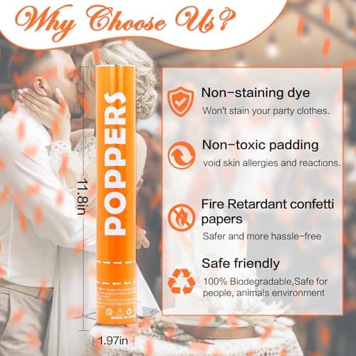 Confetti Cannon 12Pack Orange Party Popper Shooters 12 Inch Confftti Poppers for Wedding Birthday Graduation Christmas New Year Eve Party Supply Launches 20-25ft - Thumbnail 2