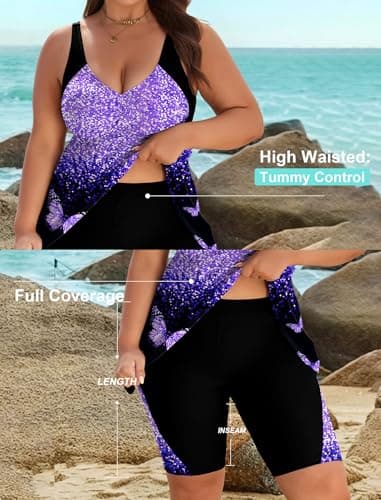 Arolina Plus Size Swimsuit for Women Tummy Control 2 Piece Bathing Suits Tankini Sets with Shorts Purple Butterfly (16W) - Thumbnail 6