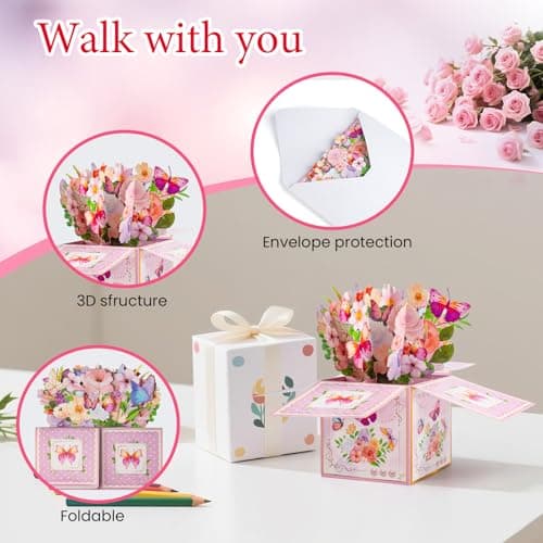 mountova 3D Pop Up Birthday Cards with Music, LED Light Musical Happy Birthday Gift Box for Women, Flowers and Butterflies Handmade Foldable Flower Box with Envelope for Mom Wife Daughter Sister - Thumbnail 6