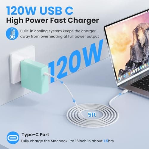 Kioson Mac Book Pro Charger - 120W USB C Charger Fast Charger, Compact Laptop Charger Adapter Compatible with USB C Port MacBook Pro/Air, iPad Pro, Samsung Galaxy and All USB-C Devices (Light Green) - Thumbnail 2