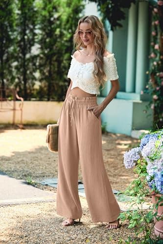 Lepunuo Boho Lounge Pants Womens Wide Leg Pants High Waisted Palazzo Pants Casual Flowy Pants Vacation Travel Outfits A - Khaki - Thumbnail 2