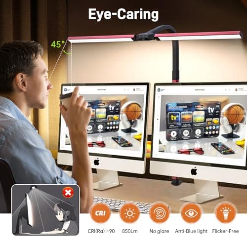 LED Desk Lamp for Home Office, Eye-Caring Desk Light with Clamp, 24W Double Head Architect Task Lamp Stepless Dimming, Flexible Gooseneck Bright Table Lamp for Study Reading Workbench Drafting Red - Thumbnail 4