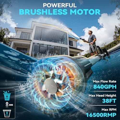 840GPH Brushless Cordless Stick Water Transfer Pump Compatible With Makita 18V (only tool), Auto Shut-Off, 38FT Lift 3-Speed, Extendable & IP68 with Hose Kit for Pool Garden Basement RV Boat - Thumbnail 2