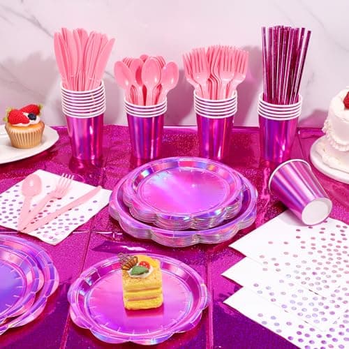 NatNarr 200 Pcs Pink Plates and Napkins Party Supplies, 25 Guest Scalloped Iridescent Pink Plates Napkins Cups Set Holographic Pink Party Decorations for Birthday, Mermaid, Disco Party - Thumbnail 4