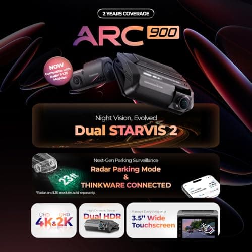 THINKWARE ARC900 2CH 4K HDR Dual Dash Cam Front and Rear - 4K+2K STARVIS 2, Super Night Vision 4.0, Low Power Parking Mode, 3.5" IPS Touchscreen, 5GHz Wi-Fi, GPS (64GB MicroSD & Hardwiring Cable Incl) - Thumbnail 3