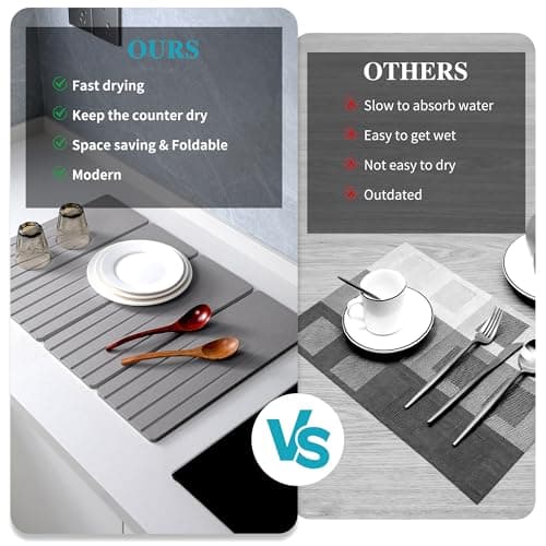 Extral Large Quick Dry Stone Drying Mat for Kitchen Counter,28x16 Inch Collapsible Eco-Friendly Absorbent Diatomaceous Earth Mat for Dishes Cups (Medium Gray-Upgraded Version, 16x12 inch) - Thumbnail 5