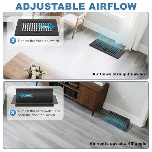 4x10 Floor Register with Vent Deflector, Adjustable Floor Vent Covers, Air Vent Deflector Includes Mounting Screws for Wall & Ceiling for Easy Install, 2 In 1 Vent Covers for Home Floor, Black, 2 Pack - Thumbnail 5
