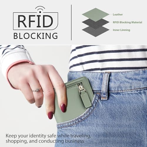 Gostwo Small Wallets Woman, Bifold Card Holder Rfid Wallet, Compact Luxury Genuine Leather Pocket Passport Wallet Ladies Girls Mini Purse Travel with ID Window, Access Green Blooming - Thumbnail 3