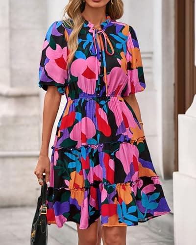 BTFBM Women Summer Floral Short Dresses V Neck Short Sleeve Tiered Ruffle Boho Swing Dress A-Line Mini Dresses(Floral Black,Medium) - Thumbnail 6