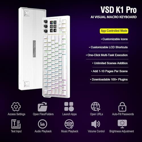 VSDINSIDE K1 Pro Macro Keyboard, Wired Only Full-Key Programmable On-Board Keypad, Custom Gaming Streaming Mechanical Keyboards with Screen & Knob, Gasket, RGB Backlit, Hot Swappable Shortcut Pad - Thumbnail 5