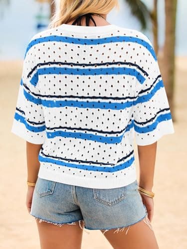 Saodimallsu Womens Striped Crochet Knit Tops Half Sleeve V Neck T-Shirts Summer Beach Cover Up Pullover Sweaters Blue - Thumbnail 5