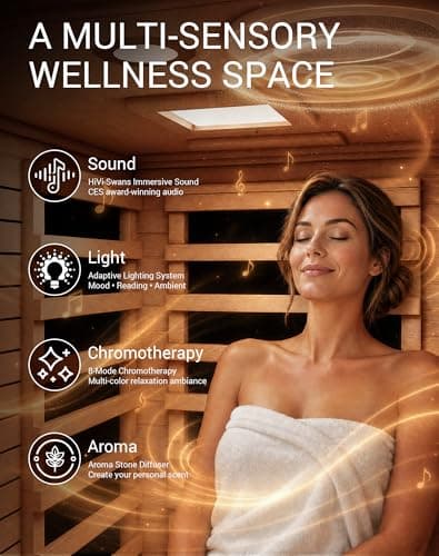 Mikolo 1 Person Far Infrared Sauna for Home | Ultra-Low EMF Indoor Dry Sauna | Solid Canadian Hemlock with 5 Carbon Heaters | Chromotherapy Light Therapy & Bluetooth for Wellness and Relaxation - Thumbnail 4