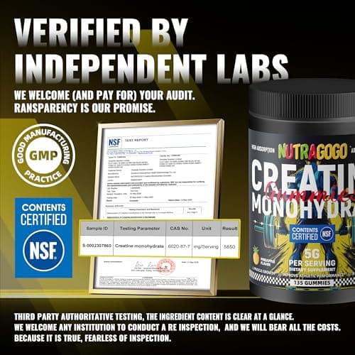 NUTRAGOGO NSF Certified Creatine Gummy - Creatine Monohydrate Gummies for Men & Women-5g of Creatine Monohydrate per Serving - Sugar Free,Vegan, Pineapple Electrolyte Chews, 135 Count - Thumbnail 2