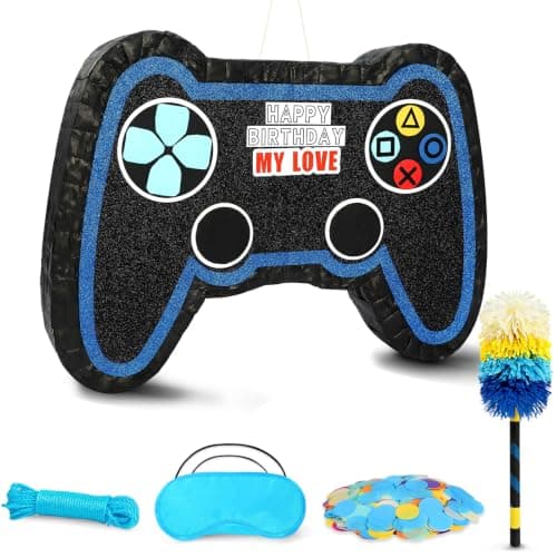 Large Video Game Controller Pinata with Stick and Blindfold - Heavy Duty Gamepad Pinata for Boys Birthday Party Supplies - Level Up Gamer Themed Party Decorations and Interactive Games