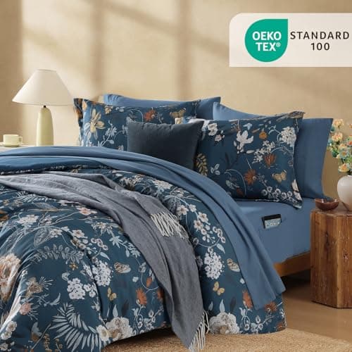 CASAAGUSTO Queen Comforter Set - 7 Pieces Blue Floral Bedding Sets, Queen Bed in a Bag with Botanical Butterfly Comforter, Sheets, Pillowcases & Shams for All Seasons - Thumbnail 3