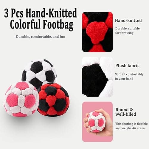 Syutinn 2026 Updated Footbag, Professional Well-Filled Kick Ball, Durable Hand-Made Soft Dirt Foot Bag for Beginners,Foot Sports,Outdoor Play,Party Games and Coordination Training (3 PCS) - Thumbnail 2