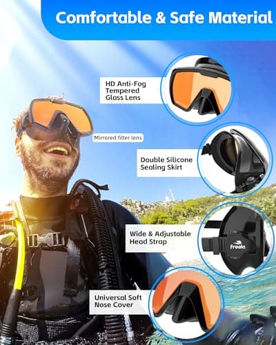 Freela Adult Dry Snorkel Set Scuba Diving Mask with Nose Cover for Men Women Youth, Safety Tempered Glass 180° Wide View, Anti Fog No Leak Mirrored Orange Len Snorkeling Gear for Swimming, Diving - Thumbnail 4
