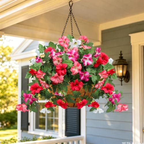 Flortevera Artificial Fake Flowers Plants for Outdoor UV Resistant, 2PCS Silk Faux Petunias No Fade Summer for Outside Planter Front Door Porch Yard Patio Balcony Realistic Decoration Red Pink - Thumbnail 5