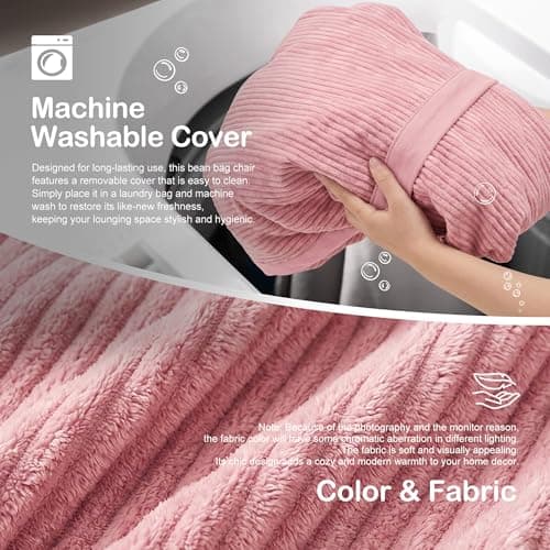 HABUTWAY Bean Bag Chair, 5FT Giant Bean Bag Chair with Memory Foam, Ultra-Soft Corduroy Cover & Zipper Design, Portable Handle – Comfy Bean Bag Sofa for Living Room, Bedroom, No Assembly - Pink - Thumbnail 6