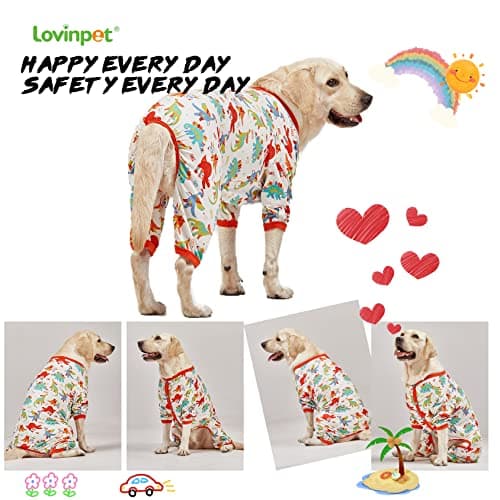 LovinPet Large Dog Pajamas, Undershirt for Dog Coats, Anti Licking, Pitbull Clothes, Pet Anxiety Calming Onesies for Dogs, White Dinos Print, Pet Pajamas for Dogs, Pitbull Shirt, 3XL - Thumbnail 6