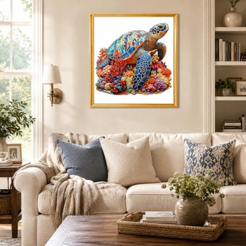 Sea Turtle Wooden Puzzle for Adults 300 Piece, Colorful Coral Turtle Jigsaw Puzzles for Adults, 5MM Unique Animal Shaped Wooden Puzzle, Challenging Ocean Turtle Puzzle for Friend Family Game 14.9*14in - Thumbnail 4