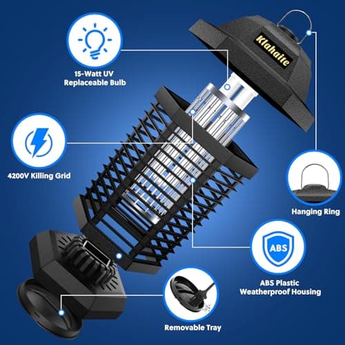 Klahaite Bug Zapper Outdoor, Electric Mosquito Zapper, Fly Zapper Indoor Fly Traps, Mosquito Repellent Outdoor Patio and Backyard Covers 1/2 Acre, 3 Prong Plug, 4200V, ABS Fireproof Plastic Outer - Thumbnail 3