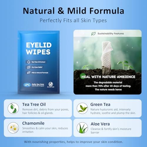 60PCs Eyelid & Lash Wipes with Hyaluronic Acid, Tea Tree Oil Eyelid Cleaser For Blepharitis, Itchy & Stye Eyes, Pre-Moistened Eyelid Wipes for Dry Eyes Relief, Daily Eye Cleanser for Sensitive Skin - Thumbnail 3