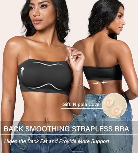 DEANGELMON Strapless Bra for Women Non-Slip Silicone Bandeau Bra Wireless Clear Straps Comfy Tube Top Bralette Black(1P1,XL) - Thumbnail 2