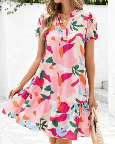 dowerme Womens Summer Dresses 2026 Puffy Sleeve V Neck Loose Floral Print A Line Boho Mini Babydoll Dress with Pockets(Apricot Rose Red Flower,XX-Large) - Thumbnail 6
