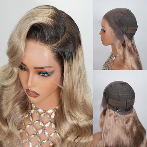 ILHILH 220 Density Ash Blonde Wig Human Hair Body Wave 13x6 HD Lace Front Wigs Human Hair For Women Ombre Brown Roots Ash Blonde Wigs Colored Lace Frontal body wave 26 Inch - Thumbnail 3