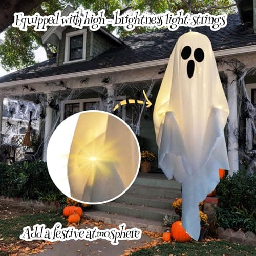 Halloween Hanging Ghost Lights Decorations, Warm White LED, Swinging Ghost Home Decor, 3 Modes Adjustable, Party Garden Yard Scary Cute Spooky Gifts (White 2Pack) - Thumbnail 3