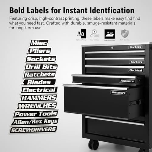 Magnetic Tool Box Labels, 12-Pack Magnetic Toolbox Label, 3D Printed Tool Box Labels Magnet Set for Garage Organization, Reusable Tags for Steel Toolboxes, Carts, Drawers & Cabinets Black - Thumbnail 3