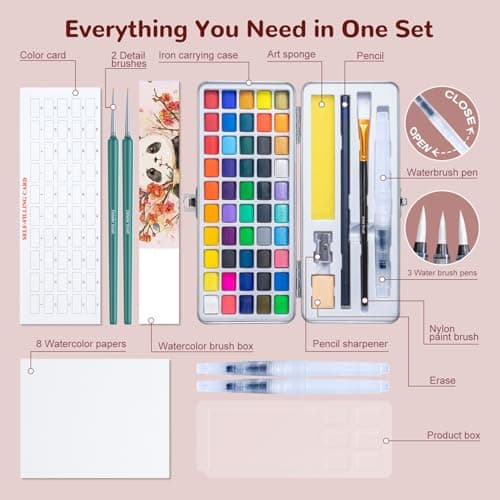 Watercolor Paint Set with 50 Rich Colors,Professional Travel Art Kit with 6 Brushes, 8 Papers, Palette & Accessories,Includes Metallic & Fluorescent Paints,Art Supplies for Artists, Adults & Hobbyists - Thumbnail 2