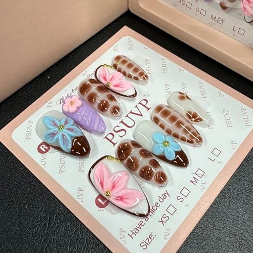10 pcs Handmade Press on Nails, 3D Dopamine Leopard Floral Fake Nails,The effect is just like a salon manicure French Reusable Full Cover False Nails,Salon Grade Manicure Almond Size M
