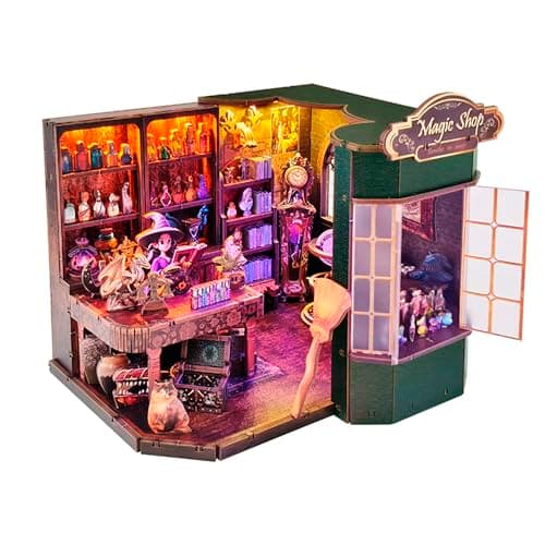 Joibabe Magic Shop Book Nook Kit - DIY Miniature House Dollhouse Kit for Adult and Teens, Tiny House Bookshelf Decor 3D Wooden Puzzle with LED Lighting, Gifts for Family, Friends (Magic Shop)