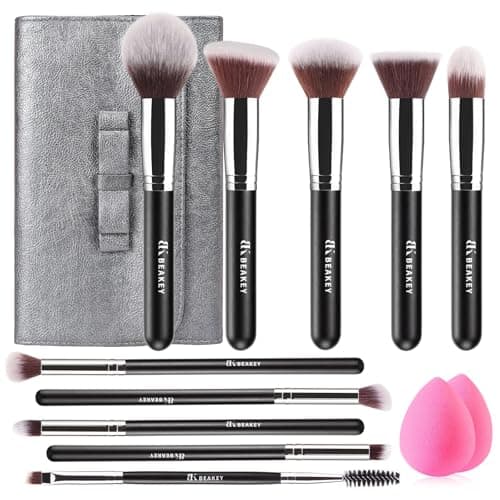 BEAKEY Makeup Brushes Set Premium Foundation Concealer Blush Bronzer Eye Shadow 10+2 PCS Brushes & Blender Sponges with Portable Makeup Bag - Image 1