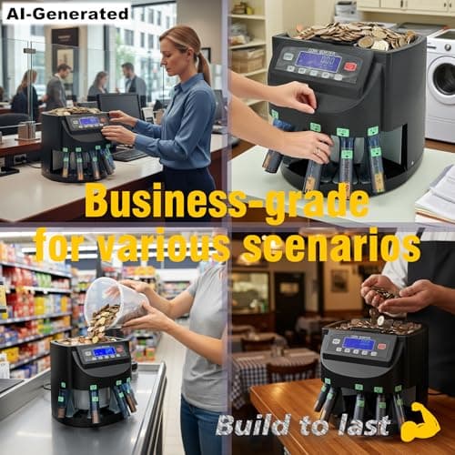Professional USD Coin Counter and Sorter with LCD Display,Coin Sorter Machine for USD Coin 1￠5￠10￠25￠$1, 2000-coin Capacity,300 Coins/min,Automatic Change Counter,5 Bins,5 Tubes (+96 Wrappers+Cover) - Thumbnail 6