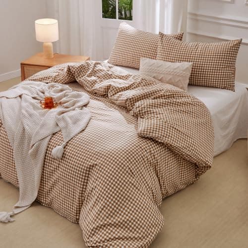 Yuncojin Gingham Duvet Cover Set Queen Size 3 Pieces Plaid Grid Duvet Cover,100% Cotton Plaid Comforter Cover,Farmhouse Checkered Gingham Bedding - Thumbnail 6