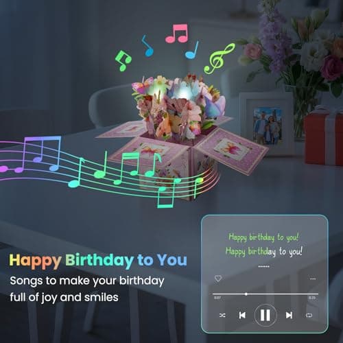 mountova 3D Pop Up Birthday Cards with Music, LED Light Musical Happy Birthday Gift Box for Women, Flowers and Butterflies Handmade Foldable Flower Box with Envelope for Mom Wife Daughter Sister - Thumbnail 4