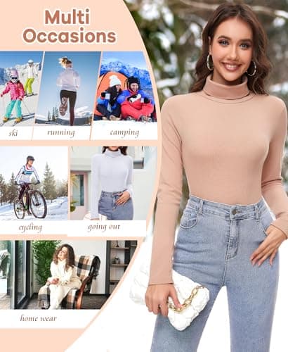 Ganado Long Sleeve Shirts for Women Turtleneck Thermal Shirt Layering Basic Tops Fitted Plain Undershirts (Khaki, Medium) - Thumbnail 5