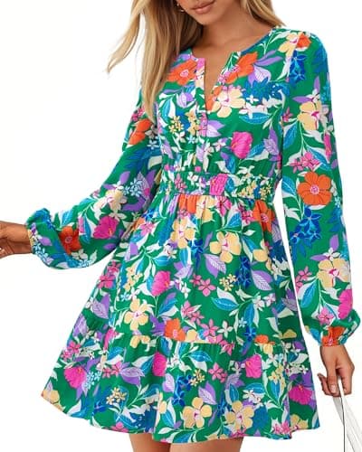 BTFBM Fall Dresses for Women 2026 Mini Long Sleeve Elastic Waist Summer Vacation Outfits Floral Wedding Guest Dress(Green Orange Flower, Large) - Image 1